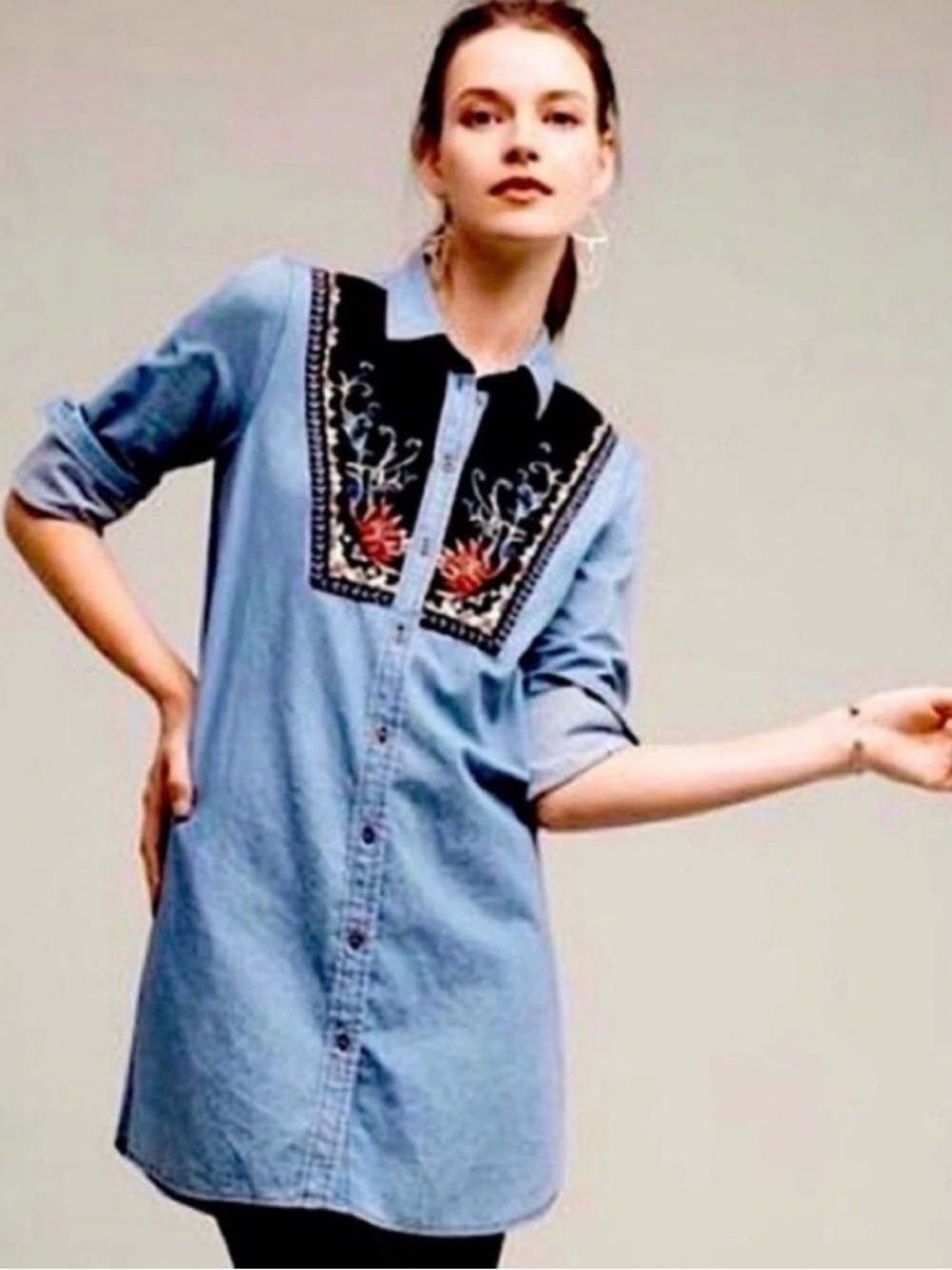 Anthropologie Holding Horses Murrelet Embroidered Chambray Top